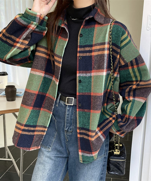 ビエラ起毛チェックシャツ 厚手ネルシャツ レディース ゆったりシャツジャケット 長袖チュニックシャツ ドロップショルダー春秋ライトアウター レトロ シャツアウター 92TINGWAN-001