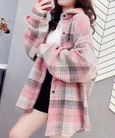 ビエラ起毛チェックシャツ 厚手ネルシャツ レディース ゆったりシャツジャケット 長袖チュニックシャツ ドロップショルダー春秋ライトアウター レトロ シャツアウター 92TINGWAN-001