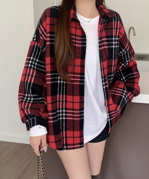 ビエラ起毛チェックシャツ 厚手ネルシャツ レディース ゆったりシャツジャケット 長袖チュニックシャツ ドロップショルダー春秋ライトアウター レトロ シャツアウター 92TINGWAN-001