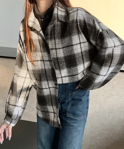 ビエラ起毛チェックシャツ 厚手ネルシャツ レディース ゆったりシャツジャケット 長袖チュニックシャツ ドロップショルダー春秋ライトアウター レトロ シャツアウター 92TINGWAN-001