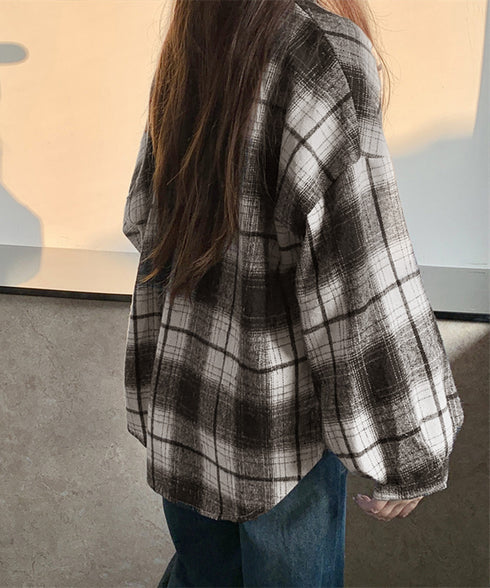 ビエラ起毛チェックシャツ 厚手ネルシャツ レディース ゆったりシャツジャケット 長袖チュニックシャツ ドロップショルダー春秋ライトアウター レトロ シャツアウター 92TINGWAN-001