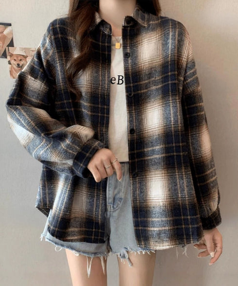 ビエラ起毛チェックシャツ 厚手ネルシャツ レディース ゆったりシャツジャケット 長袖チュニックシャツ ドロップショルダー春秋ライトアウター レトロ シャツアウター 92TINGWAN-001