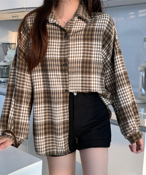 ビエラ起毛チェックシャツ 厚手ネルシャツ レディース ゆったりシャツジャケット 長袖チュニックシャツ ドロップショルダー春秋ライトアウター レトロ シャツアウター 92TINGWAN-001