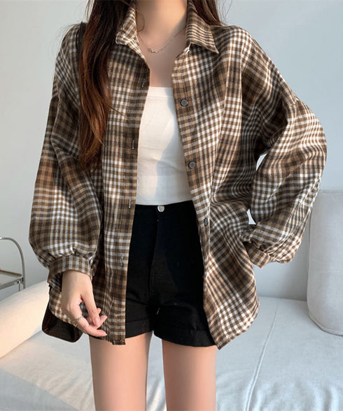 ビエラ起毛チェックシャツ 厚手ネルシャツ レディース ゆったりシャツジャケット 長袖チュニックシャツ ドロップショルダー春秋ライトアウター レトロ シャツアウター 92TINGWAN-001