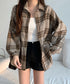 ビエラ起毛チェックシャツ 厚手ネルシャツ レディース ゆったりシャツジャケット 長袖チュニックシャツ ドロップショルダー春秋ライトアウター レトロ シャツアウター 92TINGWAN-001