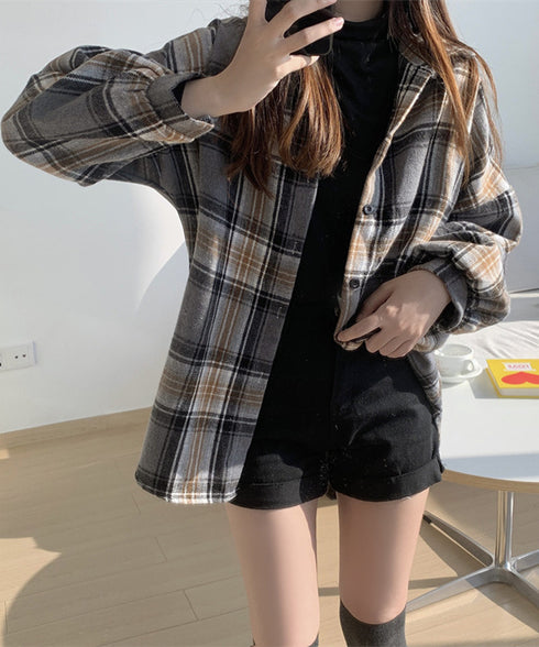 ビエラ起毛チェックシャツ 厚手ネルシャツ レディース ゆったりシャツジャケット 長袖チュニックシャツ ドロップショルダー春秋ライトアウター レトロ シャツアウター 92TINGWAN-001