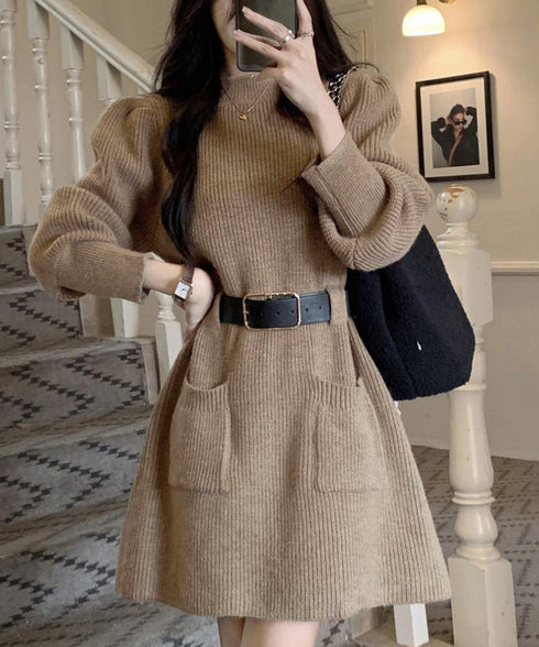 ベルト付きニットワンピースウエストマーク 韓国風ミニ丈リブワンピースレディース ポケット付きAラインワンピ ゆったりフェミニンチュニックワンピ秋冬長袖 大人可愛い 92XAYTFS-002