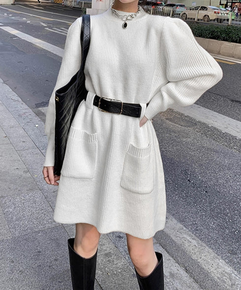 ベルト付きニットワンピースウエストマーク 韓国風ミニ丈リブワンピースレディース ポケット付きAラインワンピ ゆったりフェミニンチュニックワンピ秋冬長袖 大人可愛い 92XAYTFS-002