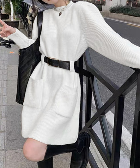 ベルト付きニットワンピースウエストマーク 韓国風ミニ丈リブワンピースレディース ポケット付きAラインワンピ ゆったりフェミニンチュニックワンピ秋冬長袖 大人可愛い 92XAYTFS-002