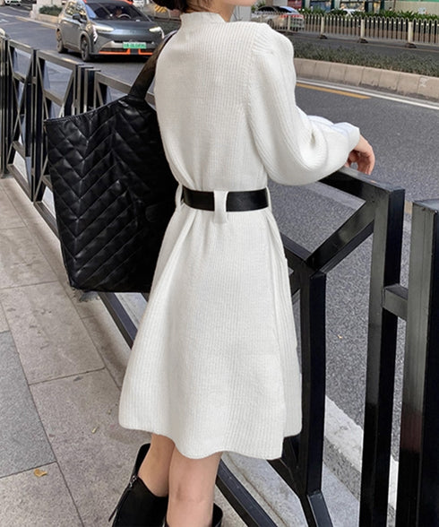 ベルト付きニットワンピースウエストマーク 韓国風ミニ丈リブワンピースレディース ポケット付きAラインワンピ ゆったりフェミニンチュニックワンピ秋冬長袖 大人可愛い 92XAYTFS-002