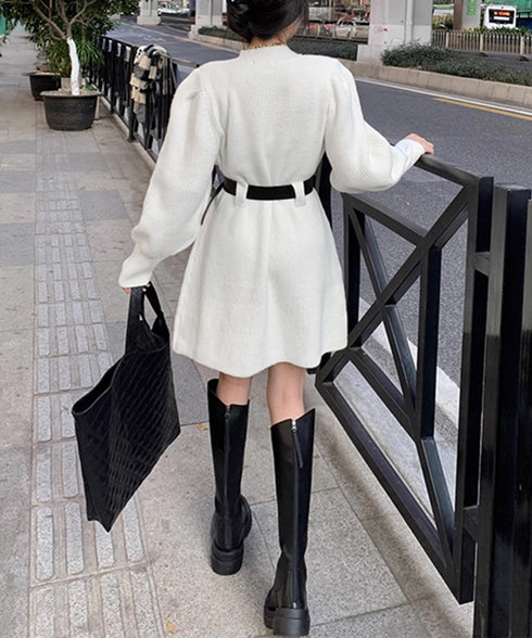 ベルト付きニットワンピースウエストマーク 韓国風ミニ丈リブワンピースレディース ポケット付きAラインワンピ ゆったりフェミニンチュニックワンピ秋冬長袖 大人可愛い 92XAYTFS-002