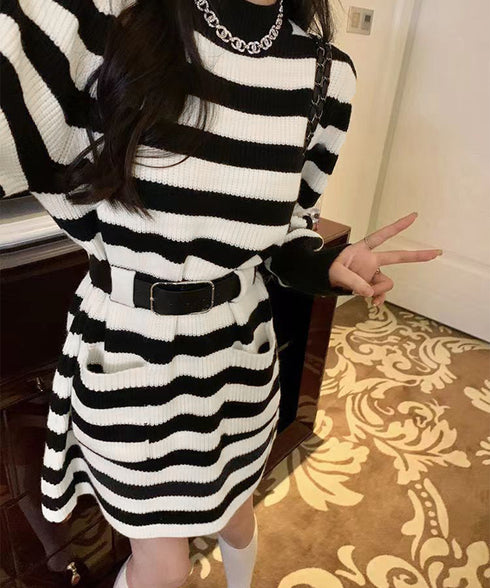 ベルト付きニットワンピースウエストマーク 韓国風ミニ丈リブワンピースレディース ポケット付きAラインワンピ ゆったりフェミニンチュニックワンピ秋冬長袖 大人可愛い 92XAYTFS-002