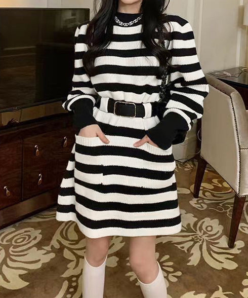 ベルト付きニットワンピースウエストマーク 韓国風ミニ丈リブワンピースレディース ポケット付きAラインワンピ ゆったりフェミニンチュニックワンピ秋冬長袖 大人可愛い 92XAYTFS-002