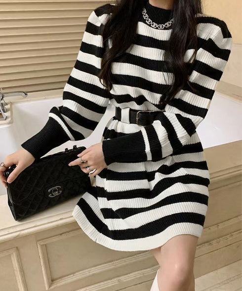 ベルト付きニットワンピースウエストマーク 韓国風ミニ丈リブワンピースレディース ポケット付きAラインワンピ ゆったりフェミニンチュニックワンピ秋冬長袖 大人可愛い 92XAYTFS-002