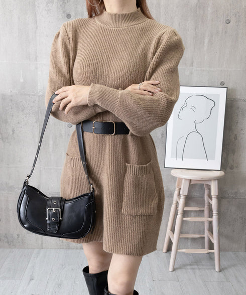ベルト付きニットワンピースウエストマーク 韓国風ミニ丈リブワンピースレディース ポケット付きAラインワンピ ゆったりフェミニンチュニックワンピ秋冬長袖 大人可愛い 92XAYTFS-002