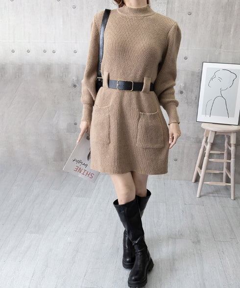 ベルト付きニットワンピースウエストマーク 韓国風ミニ丈リブワンピースレディース ポケット付きAラインワンピ ゆったりフェミニンチュニックワンピ秋冬長袖 大人可愛い 92XAYTFS-002