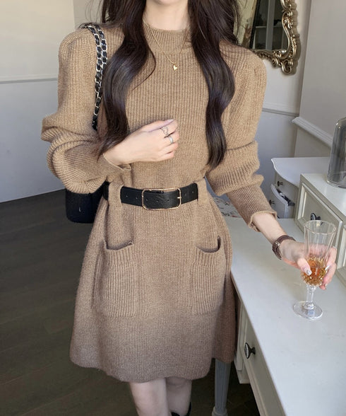 ベルト付きニットワンピースウエストマーク 韓国風ミニ丈リブワンピースレディース ポケット付きAラインワンピ ゆったりフェミニンチュニックワンピ秋冬長袖 大人可愛い 92XAYTFS-002
