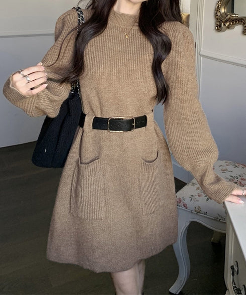 ベルト付きニットワンピースウエストマーク 韓国風ミニ丈リブワンピースレディース ポケット付きAラインワンピ ゆったりフェミニンチュニックワンピ秋冬長袖 大人可愛い 92XAYTFS-002