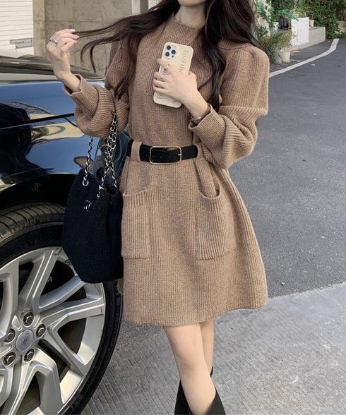 ベルト付きニットワンピースウエストマーク 韓国風ミニ丈リブワンピースレディース ポケット付きAラインワンピ ゆったりフェミニンチュニックワンピ秋冬長袖 大人可愛い 92XAYTFS-002