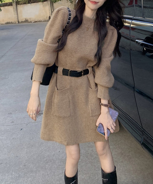 ベルト付きニットワンピースウエストマーク 韓国風ミニ丈リブワンピースレディース ポケット付きAラインワンピ ゆったりフェミニンチュニックワンピ秋冬長袖 大人可愛い 92XAYTFS-002