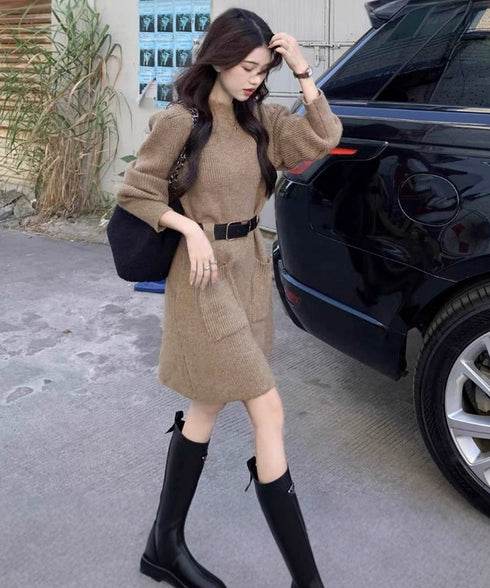 ベルト付きニットワンピースウエストマーク 韓国風ミニ丈リブワンピースレディース ポケット付きAラインワンピ ゆったりフェミニンチュニックワンピ秋冬長袖 大人可愛い 92XAYTFS-002