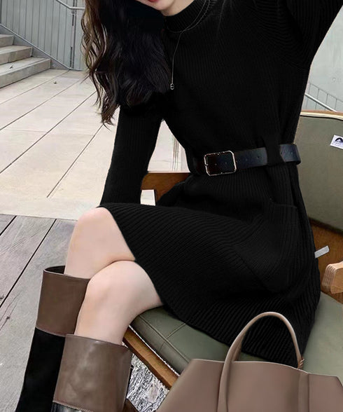 ベルト付きニットワンピースウエストマーク 韓国風ミニ丈リブワンピースレディース ポケット付きAラインワンピ ゆったりフェミニンチュニックワンピ秋冬長袖 大人可愛い 92XAYTFS-002