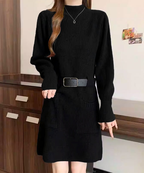 ベルト付きニットワンピースウエストマーク 韓国風ミニ丈リブワンピースレディース ポケット付きAラインワンピ ゆったりフェミニンチュニックワンピ秋冬長袖 大人可愛い 92XAYTFS-002