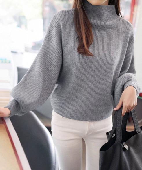 韓国風リブニットトップスハイネックニット 長袖ニットセーターランタンスリーブ 柔らかいニットソー暖かい チクチクしないニットプルオーバー 無地インナートップス秋冬 92XAYTFS-003