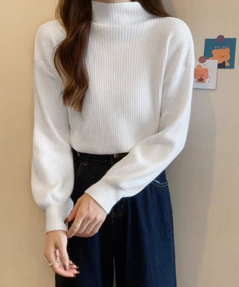 韓国風リブニットトップスハイネックニット 長袖ニットセーターランタンスリーブ 柔らかいニットソー暖かい チクチクしないニットプルオーバー 無地インナートップス秋冬 92XAYTFS-003