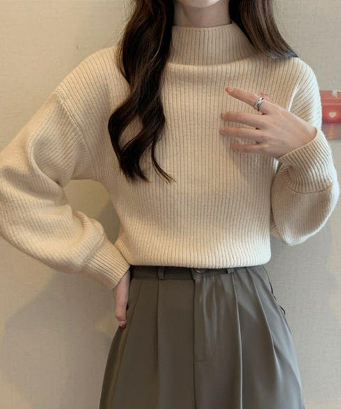 韓国風リブニットトップスハイネックニット 長袖ニットセーターランタンスリーブ 柔らかいニットソー暖かい チクチクしないニットプルオーバー 無地インナートップス秋冬 92XAYTFS-003