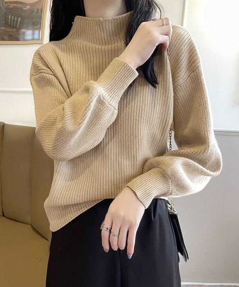 韓国風リブニットトップスハイネックニット 長袖ニットセーターランタンスリーブ 柔らかいニットソー暖かい チクチクしないニットプルオーバー 無地インナートップス秋冬 92XAYTFS-003