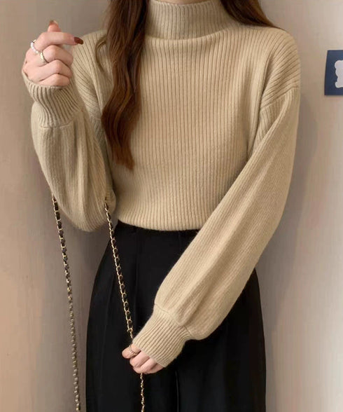 韓国風リブニットトップスハイネックニット 長袖ニットセーターランタンスリーブ 柔らかいニットソー暖かい チクチクしないニットプルオーバー 無地インナートップス秋冬 92XAYTFS-003