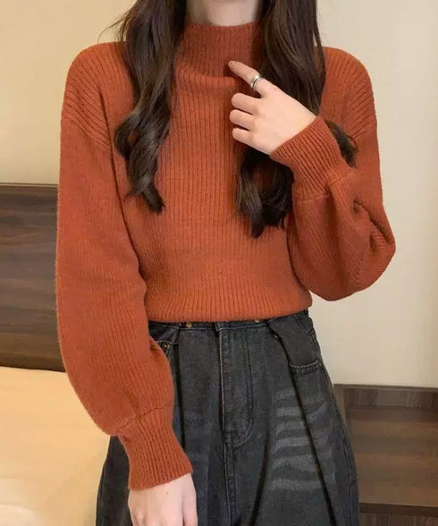 韓国風リブニットトップスハイネックニット 長袖ニットセーターランタンスリーブ 柔らかいニットソー暖かい チクチクしないニットプルオーバー 無地インナートップス秋冬 92XAYTFS-003