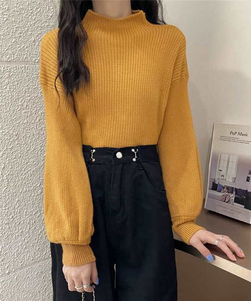 韓国風リブニットトップスハイネックニット 長袖ニットセーターランタンスリーブ 柔らかいニットソー暖かい チクチクしないニットプルオーバー 無地インナートップス秋冬 92XAYTFS-003