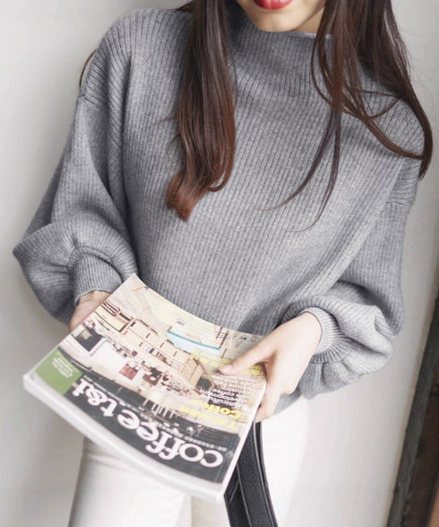 韓国風リブニットトップスハイネックニット 長袖ニットセーターランタンスリーブ 柔らかいニットソー暖かい チクチクしないニットプルオーバー 無地インナートップス秋冬 92XAYTFS-003