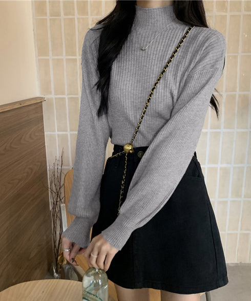 韓国風リブニットトップスハイネックニット 長袖ニットセーターランタンスリーブ 柔らかいニットソー暖かい チクチクしないニットプルオーバー 無地インナートップス秋冬 92XAYTFS-003