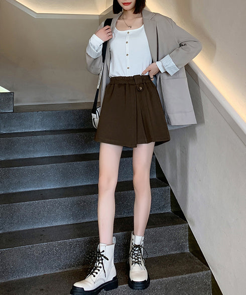 プリーツキュロットパンツ ウール風 秋冬 レディース 可愛いショート丈パンツ Aラインスカパン カジュアル ミニ丈パンツ着やせ ハイウエスト美脚脚長短パン韓国風 92XAYTFS-005