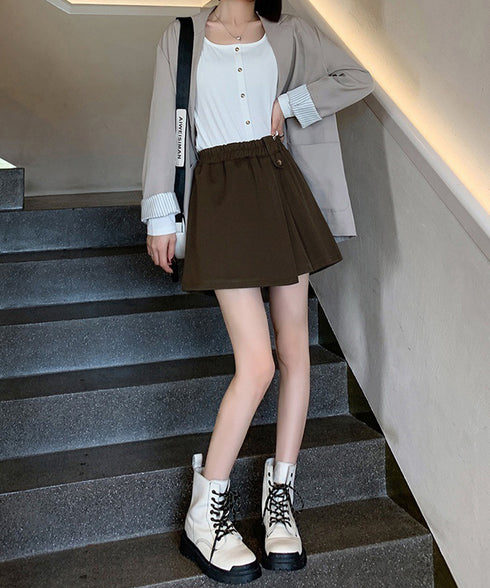 プリーツキュロットパンツ ウール風 秋冬 レディース 可愛いショート丈パンツ Aラインスカパン カジュアル ミニ丈パンツ着やせ ハイウエスト美脚脚長短パン韓国風 92XAYTFS-005