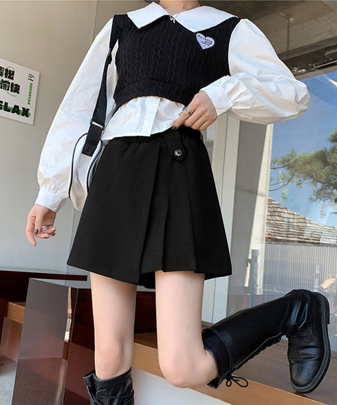 プリーツキュロットパンツ ウール風 秋冬 レディース 可愛いショート丈パンツ Aラインスカパン カジュアル ミニ丈パンツ着やせ ハイウエスト美脚脚長短パン韓国風 92XAYTFS-005