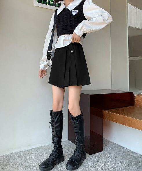 プリーツキュロットパンツ ウール風 秋冬 レディース 可愛いショート丈パンツ Aラインスカパン カジュアル ミニ丈パンツ着やせ ハイウエスト美脚脚長短パン韓国風 92XAYTFS-005