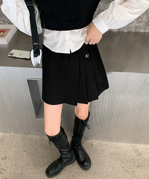 プリーツキュロットパンツ ウール風 秋冬 レディース 可愛いショート丈パンツ Aラインスカパン カジュアル ミニ丈パンツ着やせ ハイウエスト美脚脚長短パン韓国風 92XAYTFS-005