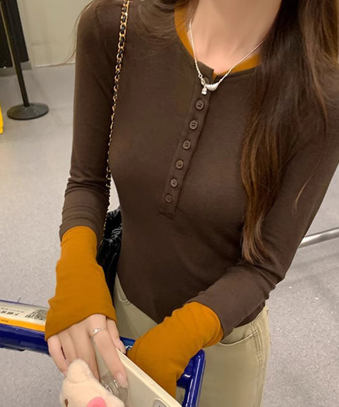 配色ヘンリーシャツハーフボタンカットソー レディース バイカラーヘンリーネックTシャツ レイヤード風リブトップス 長袖タイトtシャツ シンプル細見え着回しトップス 92XHJ-001