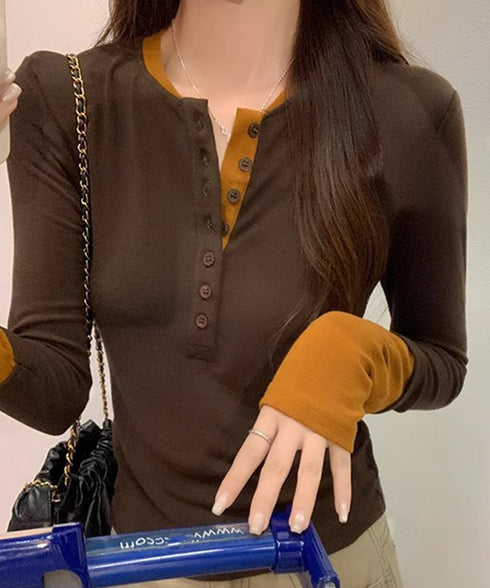 配色ヘンリーシャツハーフボタンカットソー レディース バイカラーヘンリーネックTシャツ レイヤード風リブトップス 長袖タイトtシャツ シンプル細見え着回しトップス 92XHJ-001