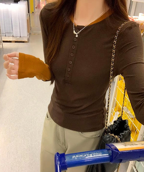 配色ヘンリーシャツハーフボタンカットソー レディース バイカラーヘンリーネックTシャツ レイヤード風リブトップス 長袖タイトtシャツ シンプル細見え着回しトップス 92XHJ-001