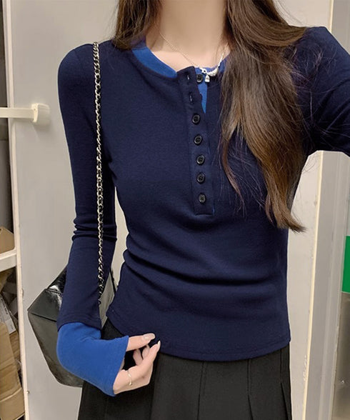配色ヘンリーシャツハーフボタンカットソー レディース バイカラーヘンリーネックTシャツ レイヤード風リブトップス 長袖タイトtシャツ シンプル細見え着回しトップス 92XHJ-001