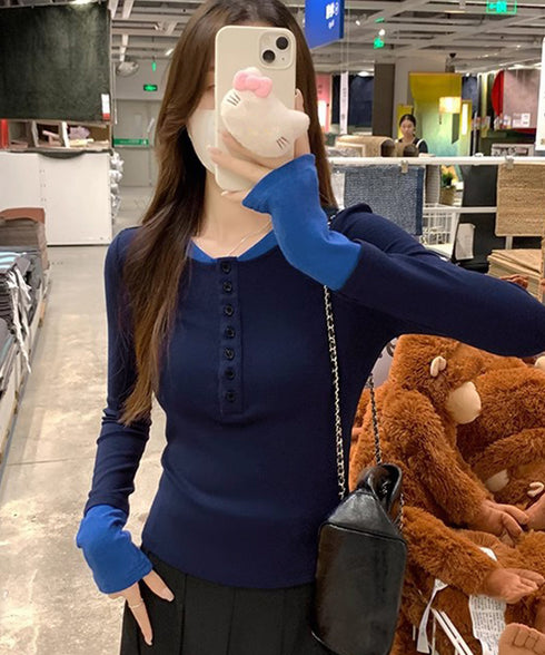 配色ヘンリーシャツハーフボタンカットソー レディース バイカラーヘンリーネックTシャツ レイヤード風リブトップス 長袖タイトtシャツ シンプル細見え着回しトップス 92XHJ-001