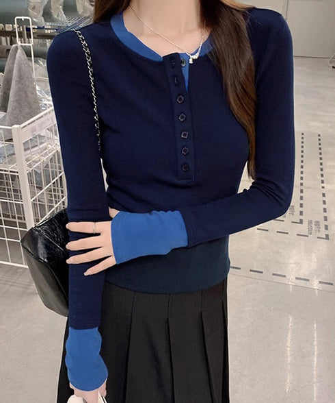 配色ヘンリーシャツハーフボタンカットソー レディース バイカラーヘンリーネックTシャツ レイヤード風リブトップス 長袖タイトtシャツ シンプル細見え着回しトップス 92XHJ-001