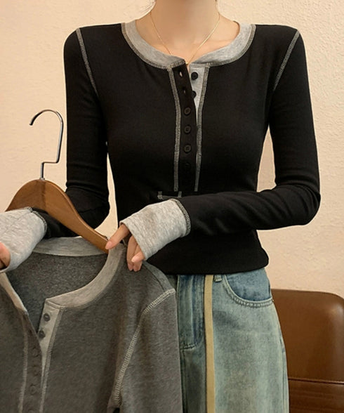 配色ヘンリーシャツハーフボタンカットソー レディース バイカラーヘンリーネックTシャツ レイヤード風リブトップス 長袖タイトtシャツ シンプル細見え着回しトップス 92XHJ-001