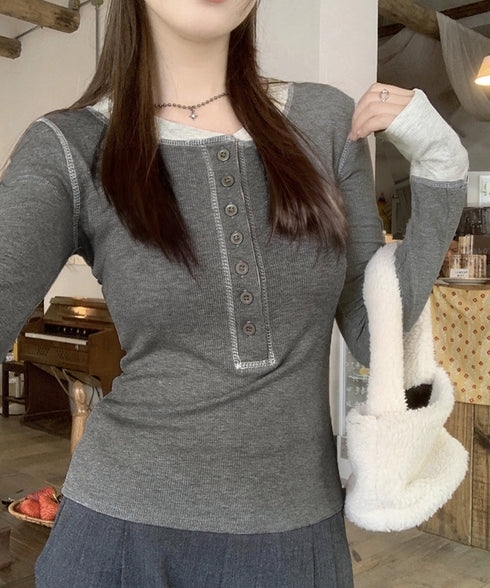 配色ヘンリーシャツハーフボタンカットソー レディース バイカラーヘンリーネックTシャツ レイヤード風リブトップス 長袖タイトtシャツ シンプル細見え着回しトップス 92XHJ-001