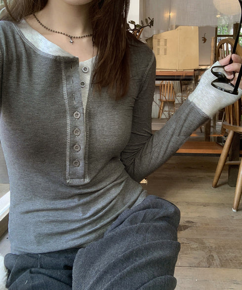 配色ヘンリーシャツハーフボタンカットソー レディース バイカラーヘンリーネックTシャツ レイヤード風リブトップス 長袖タイトtシャツ シンプル細見え着回しトップス 92XHJ-001
